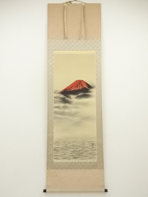 佐藤景月筆　赤富士　肉筆絹本掛軸（共箱）